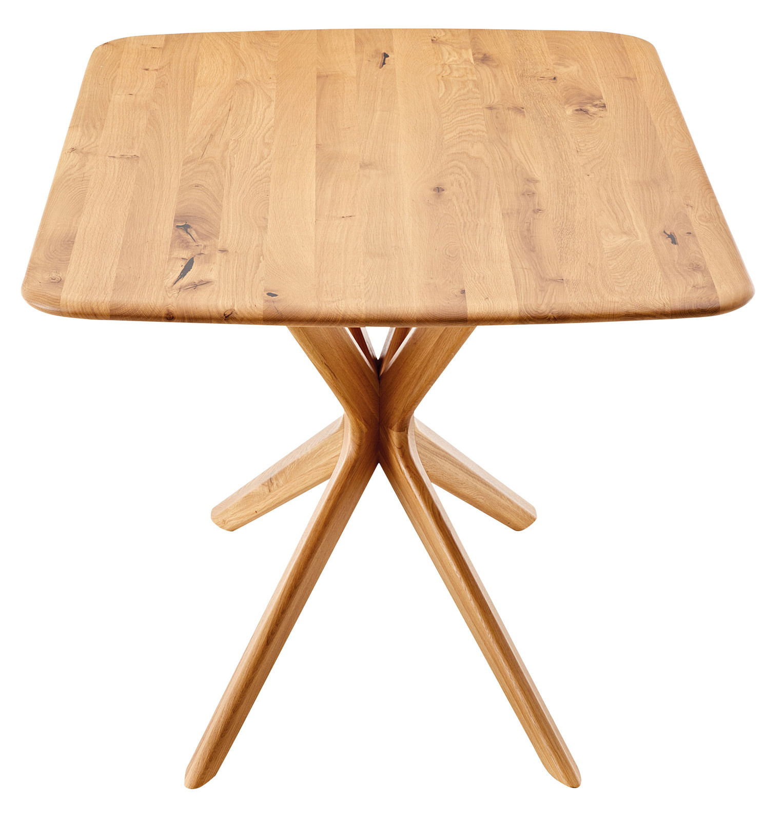 Moderner Esstisch aus Holz mit einzigartigem, gekreuztem Fußdesign, aus der Vogelperspektive betrachtet.