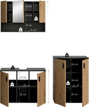 Badezimmer-Wandschrank und Unterschrank in Schwarz mit vertikal geriffelten Holztüren und Spiegel, Türen geöffnet, mit Maß- und Belastungsangaben, Frontansicht