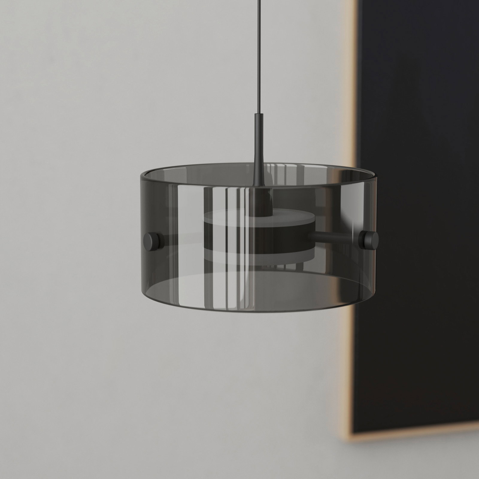 Moderne LED-Hängeleuchte mit transparentem, zylindrischem Schirm, seitliche Perspektive
