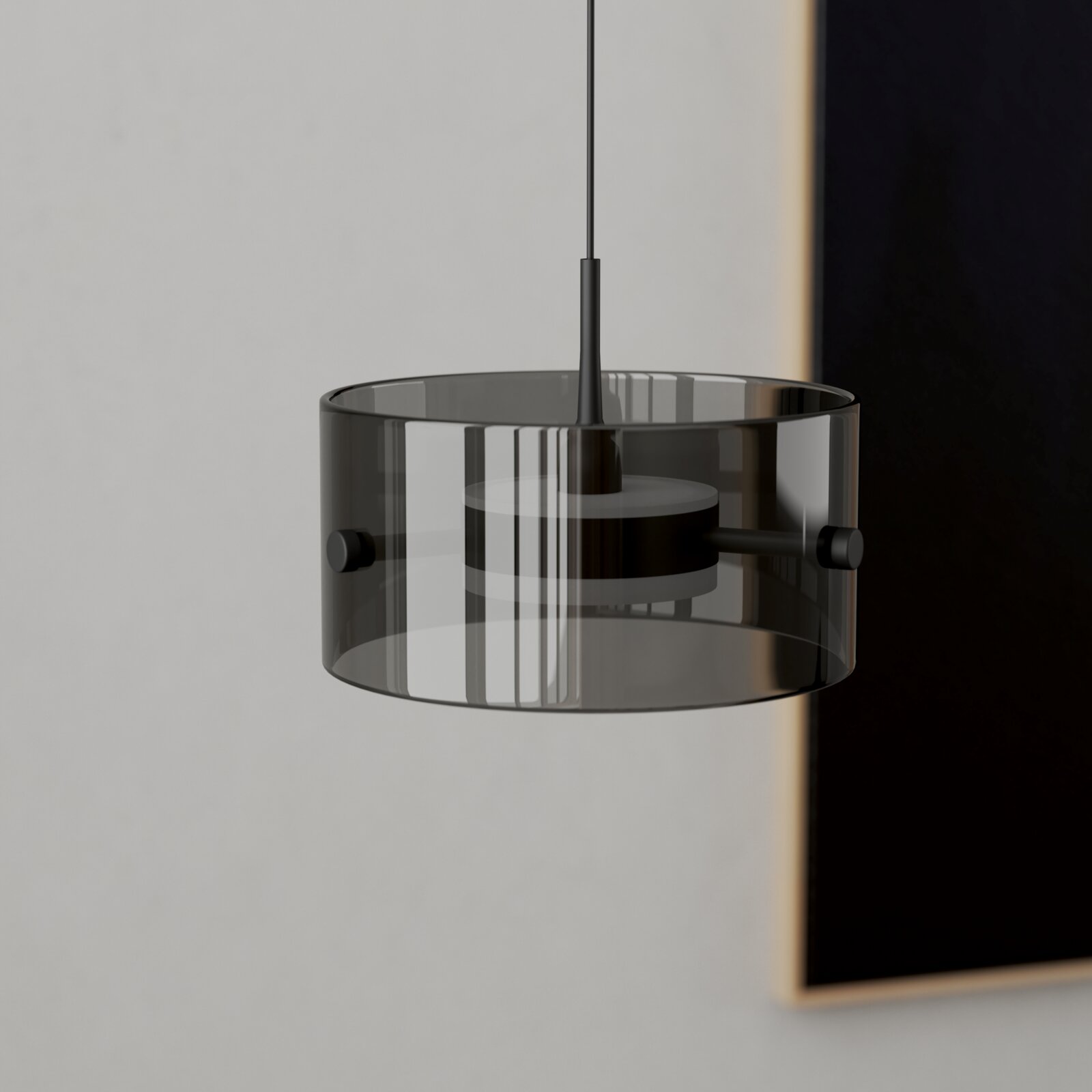 Moderne LED-Hängeleuchte mit transparentem, zylindrischem Schirm, seitliche Perspektive