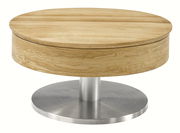 Runder Couchtisch aus Holz mit Metallfuß, seitliche Perspektive