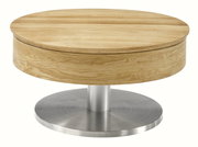 Runder Couchtisch aus Holz mit Metallfuß, seitliche Perspektive