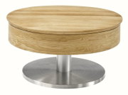Ronde houten salontafel met metalen onderstel, zijaanzicht