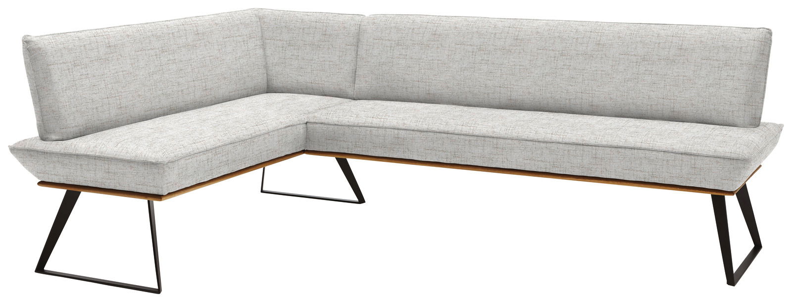 Voleo Eckbank 163x223 cm MALIBU Eckbank in L-Form mit hellgrauem Stoffbezug und schwarzen Metallbeinen, Perspektive von vorne rechts
