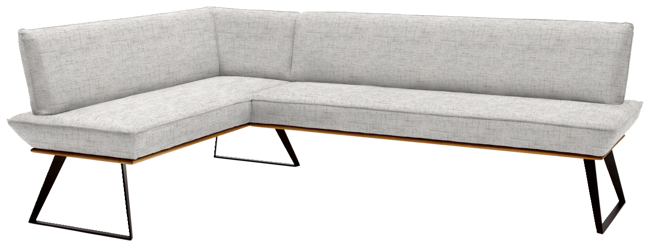 Voleo Eckbank 163x223 cm MALIBU Eckbank in L-Form mit hellgrauem Stoffbezug und schwarzen Metallbeinen, Perspektive von vorne rechts