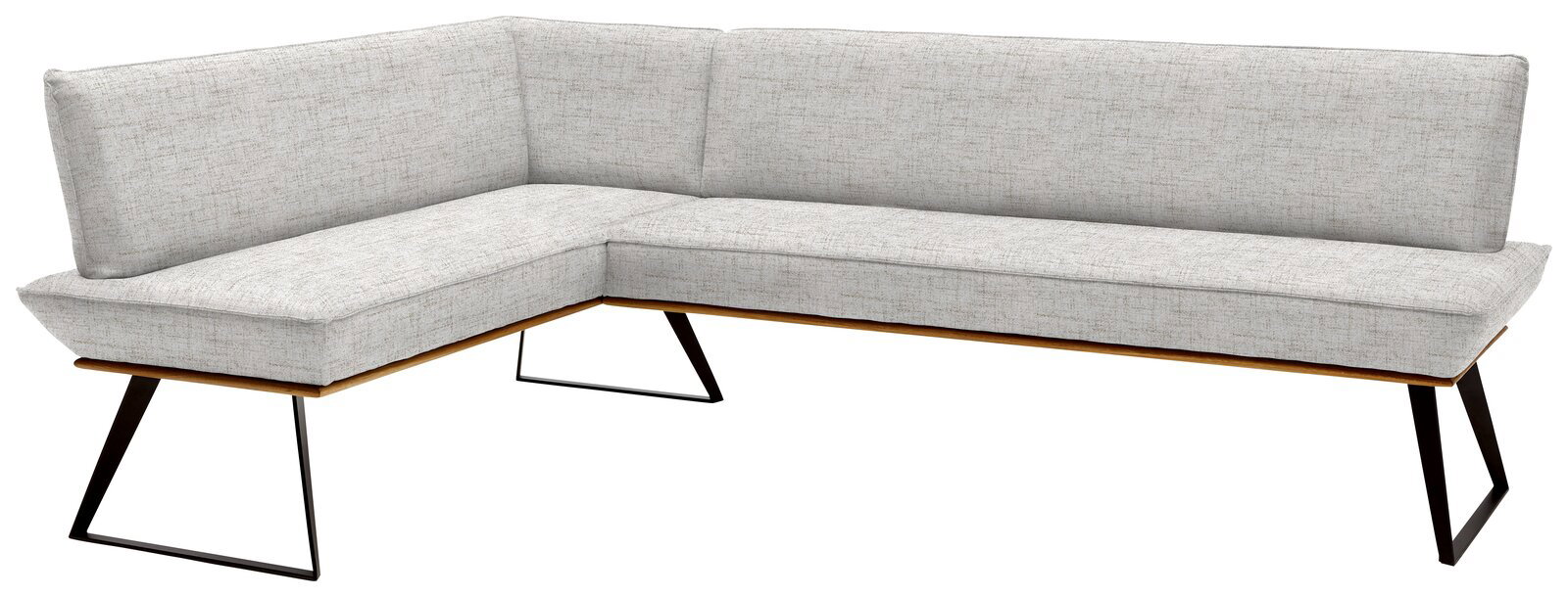 Voleo Eckbank 163x223 cm MALIBU Eckbank in L-Form mit hellgrauem Stoffbezug und schwarzen Metallbeinen, Perspektive von vorne rechts