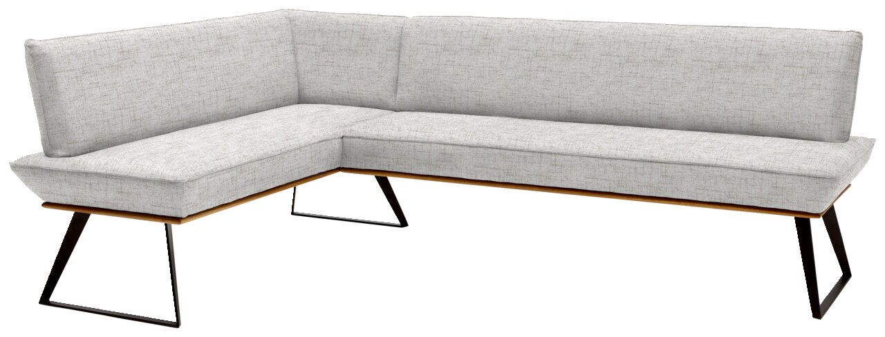 Voleo Hoekbank 163 x 223 cm MALIBU L-vormige hoekbank met lichtgrijze stoffen bekleding en zwarte metalen poten, gezien vanaf de rechterkant van voren