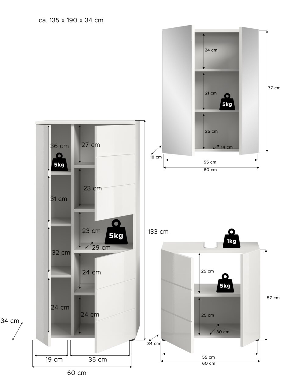 Badkombination bestehend aus einem hohen Schrank, einem Hängeschrank und einem Unterschrank, alle in weißem Design mit verschiedenen Fächern und Türen, perspektivisch von vorne gezeigt.