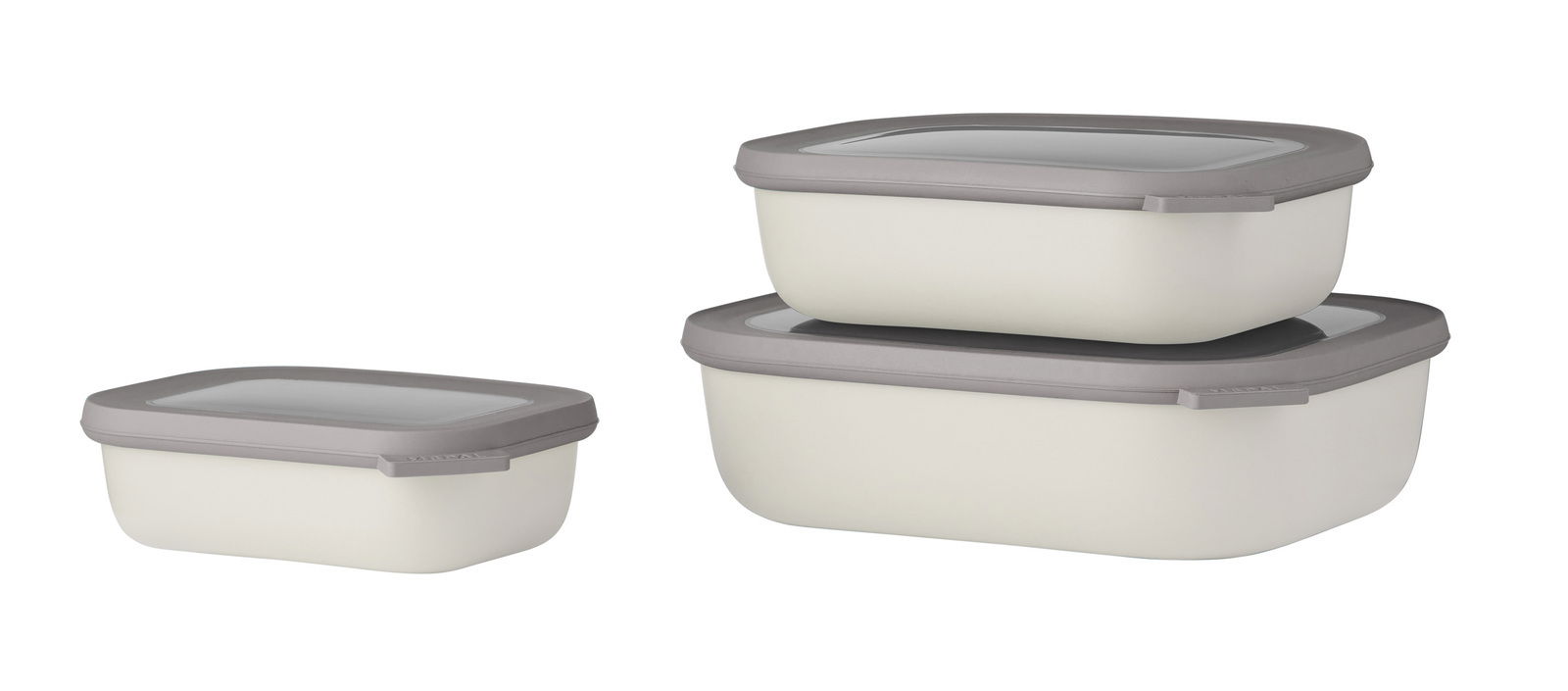 Dreiteiliges Set rechteckiger Aufbewahrungsboxen mit grauen Deckeln, seitliche Perspektive