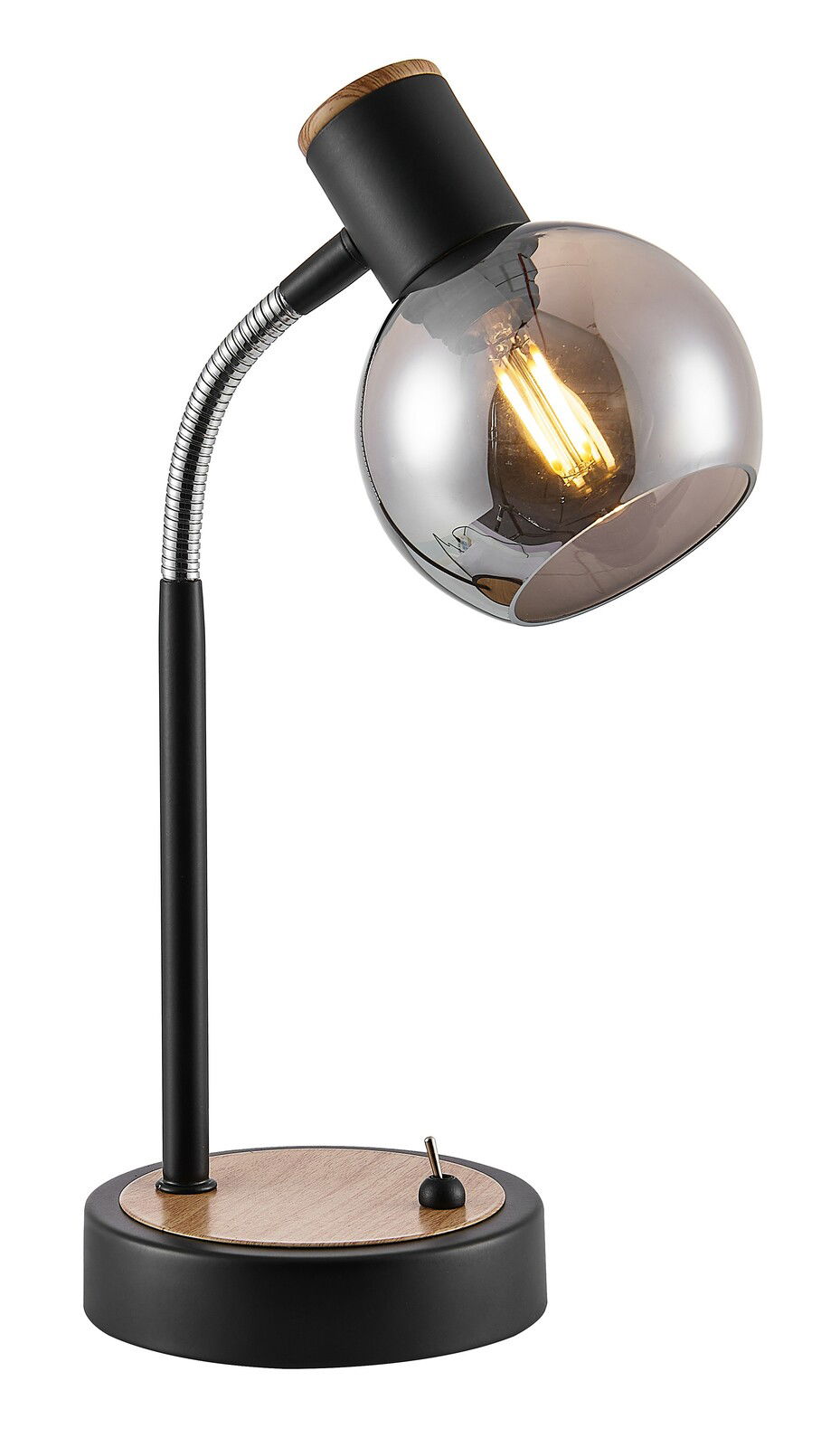 Moderne Tischleuchte mit schwarzem Metallgestell, flexiblem Hals und rauchgrauem Glasschirm, seitliche Perspektive