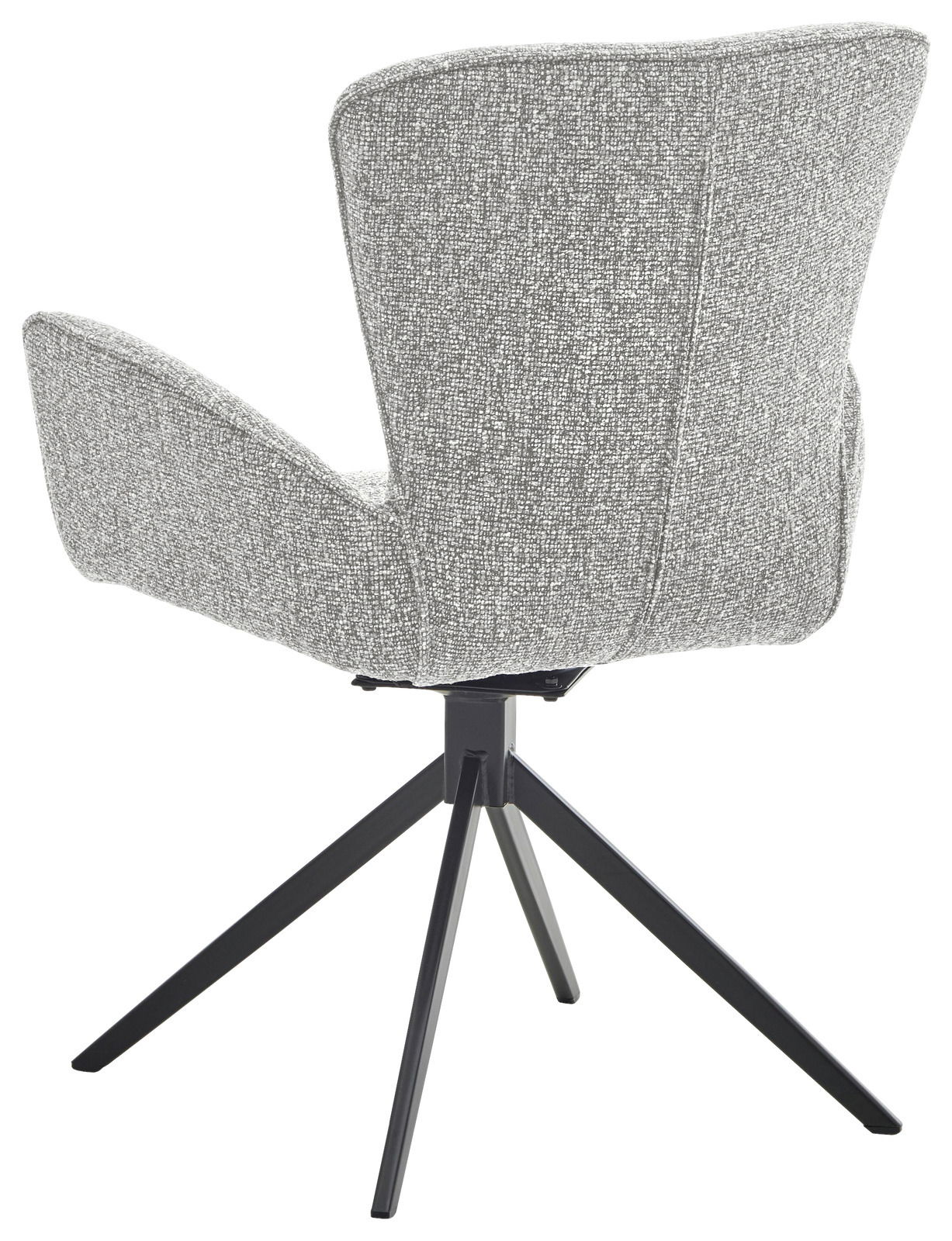 Rückansicht eines grauen Armlehnstuhls mit schwarzem Metallgestell und vier Beinen.