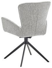 Rückansicht eines grauen Armlehnstuhls mit schwarzem Metallgestell und vier Beinen.