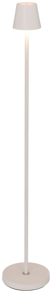 Moderne Akku-Stehleuchte in Weiß, frontal abgebildet mit rundem Sockel und konischem Lampenschirm.