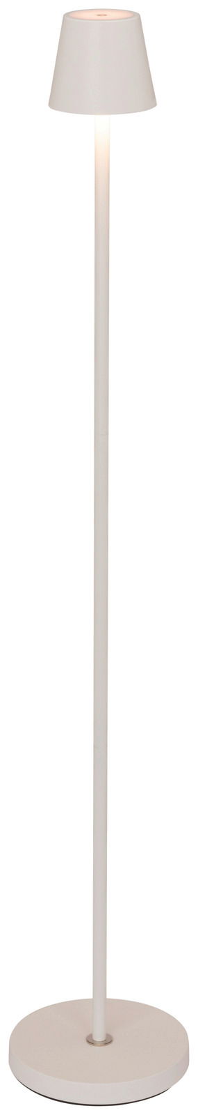 Moderne Akku-Stehleuchte in Weiß, frontal abgebildet mit rundem Sockel und konischem Lampenschirm.