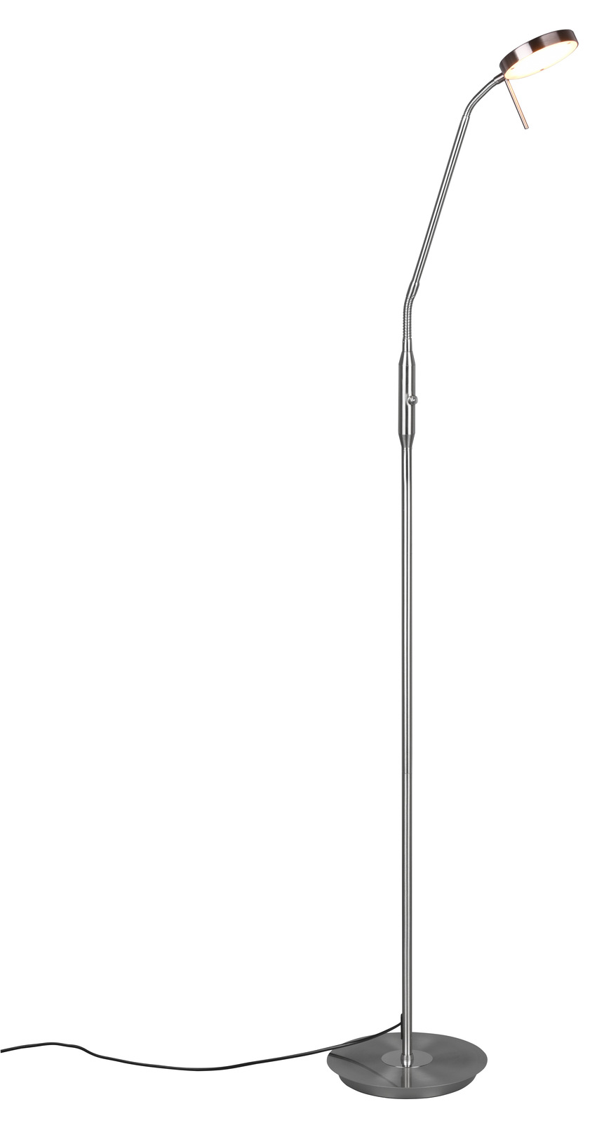 Stehleuchte mit schlankem, modernem Design, silbernem Metallgestell und rundem Lampenschirm, seitliche Perspektive