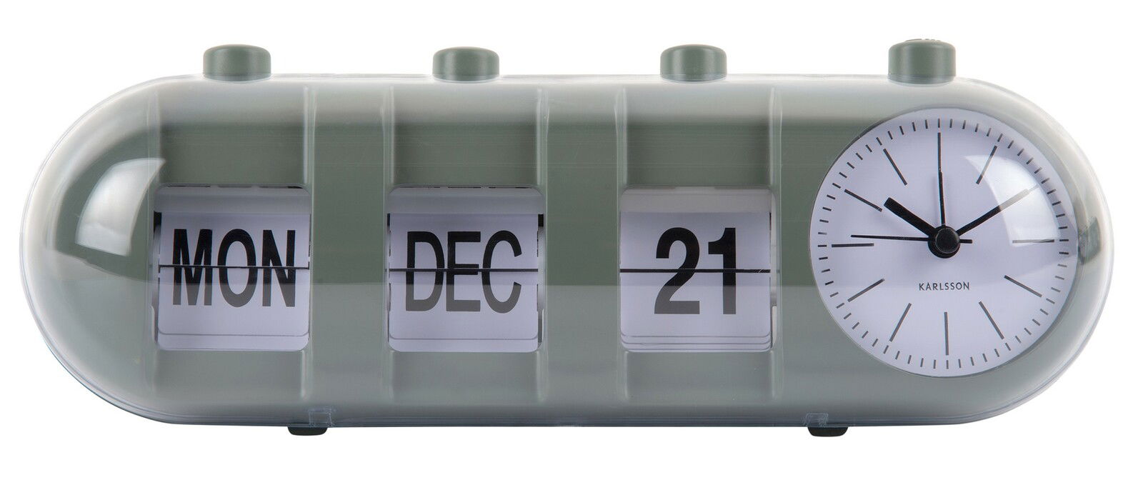 Tischuhr mit Kalenderfunktion, zeigt Montag, 21. Dezember an, mit analoger Uhr auf der rechten Seite, aus frontaler Perspektive.