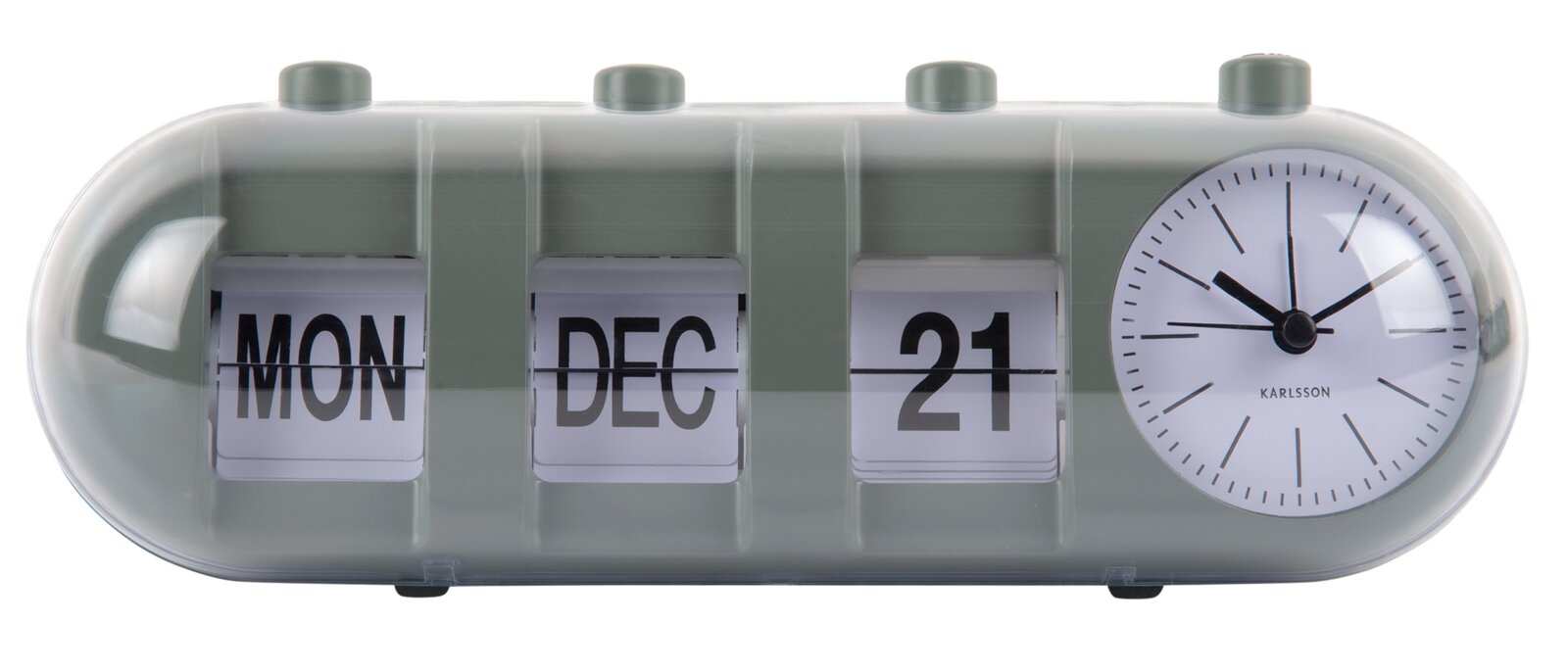 Tischuhr mit Kalenderfunktion, zeigt Montag, 21. Dezember an, mit analoger Uhr auf der rechten Seite, aus frontaler Perspektive.