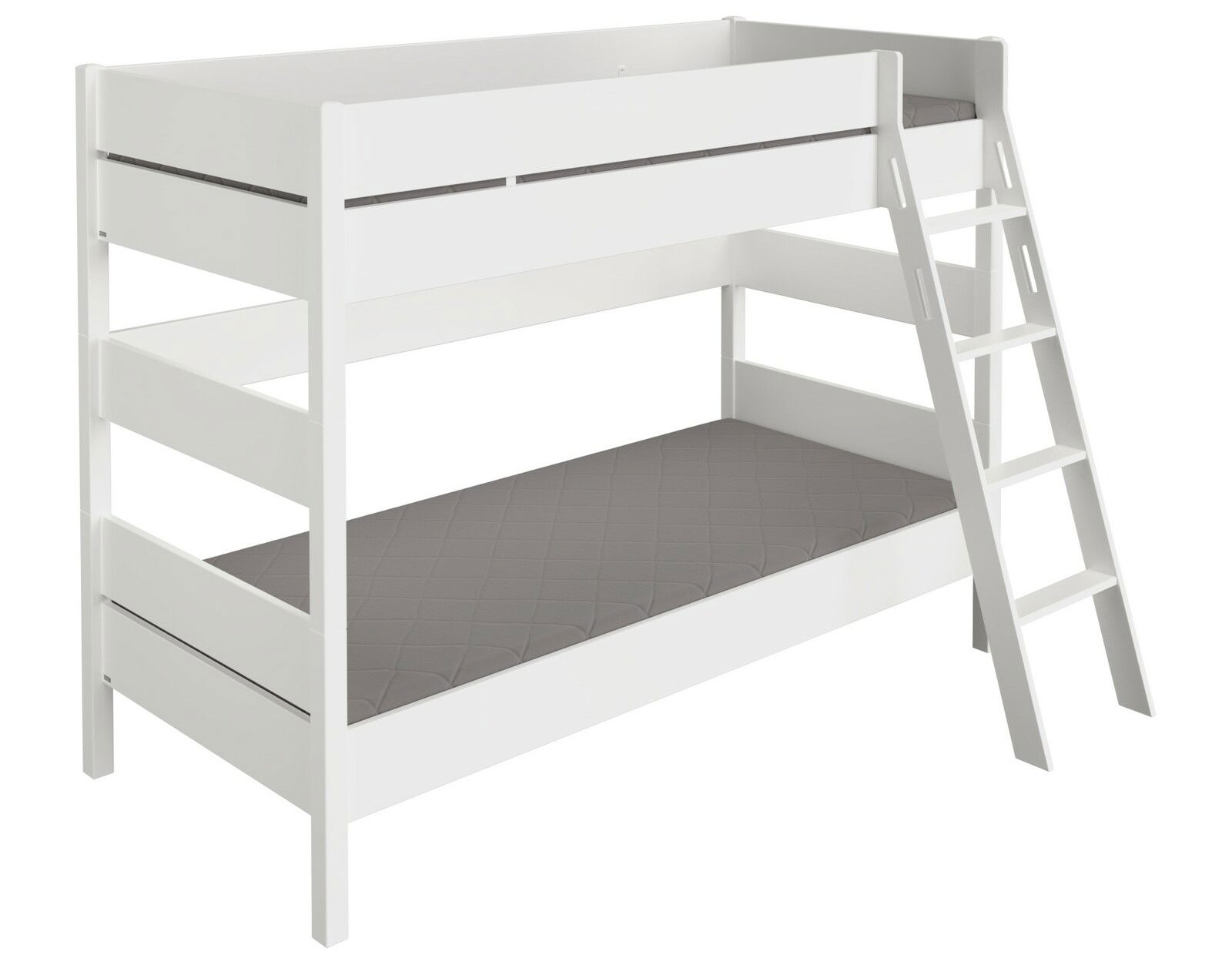 Weißes Etagenbett TIAGO von Paidi mit grauen Matratzen und schräger Leiter, seitliche Perspektive