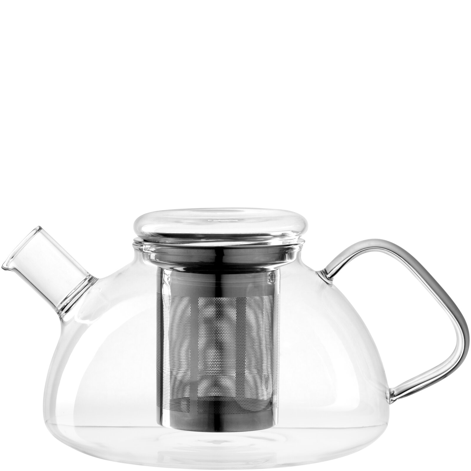 Transparente Glas-Teekanne mit Deckel, gebogenem Glasgriff und integriertem Edelstahl-Teesieb, freigestellt vor weißem Hintergrund, Seitenansicht leicht von oben