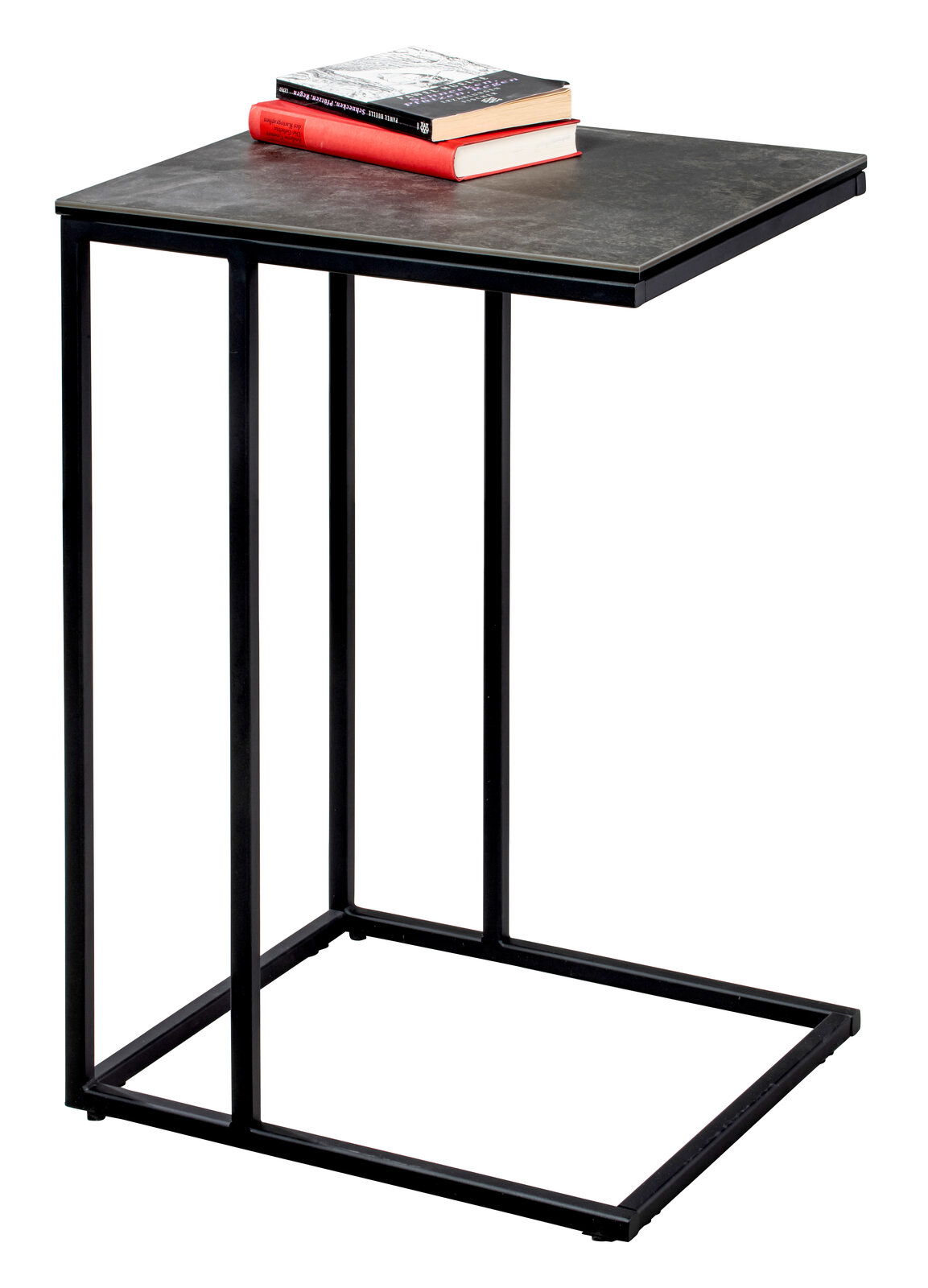 Moderner Beistelltisch mit schwarzem Metallrahmen und dunkler Tischplatte, seitliche Perspektive, mit zwei Büchern darauf.