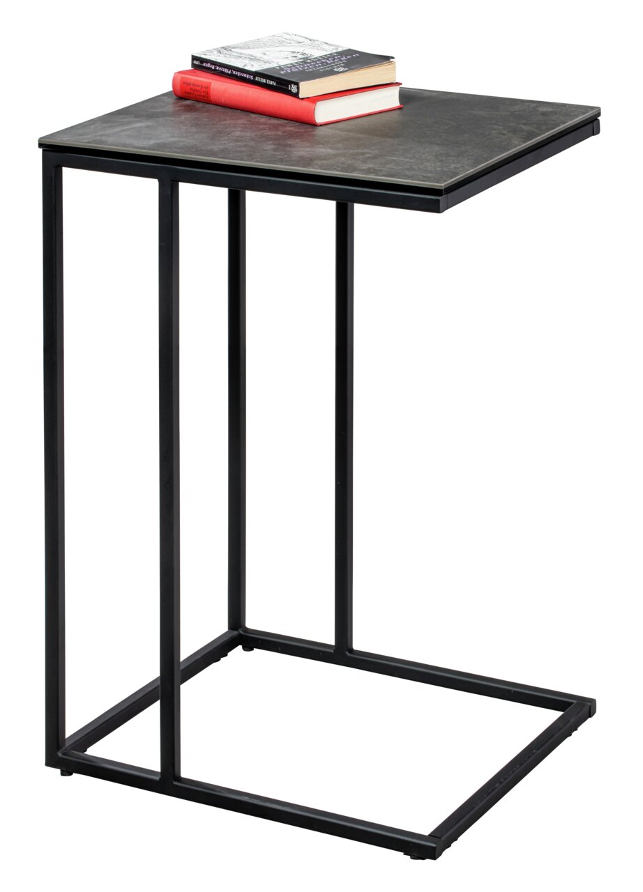 Z2 Beistelltisch SANDY Moderner Beistelltisch mit schwarzem Metallrahmen und dunkler Tischplatte, seitliche Perspektive, mit zwei Büchern darauf.