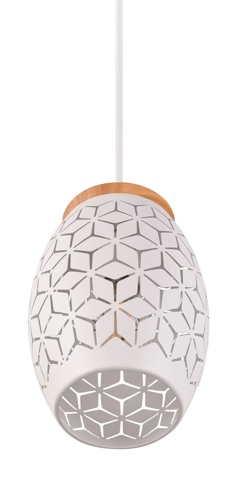 Moderne weiße Pendelleuchte mit geometrischem Muster, seitliche Perspektive