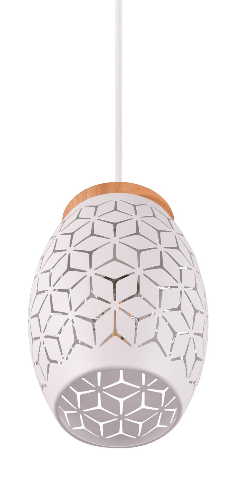 Moderne weiße Pendelleuchte mit geometrischem Muster, seitliche Perspektive