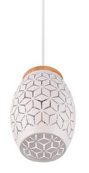 Moderne weiße Pendelleuchte mit geometrischem Muster, seitliche Perspektive