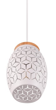 Moderne weiße Pendelleuchte mit geometrischem Muster, seitliche Perspektive