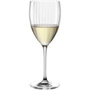 Wittewijnglas POESIA 450 ml, vooraanzicht, met geribbeld ontwerp en gevuld met witte wijn