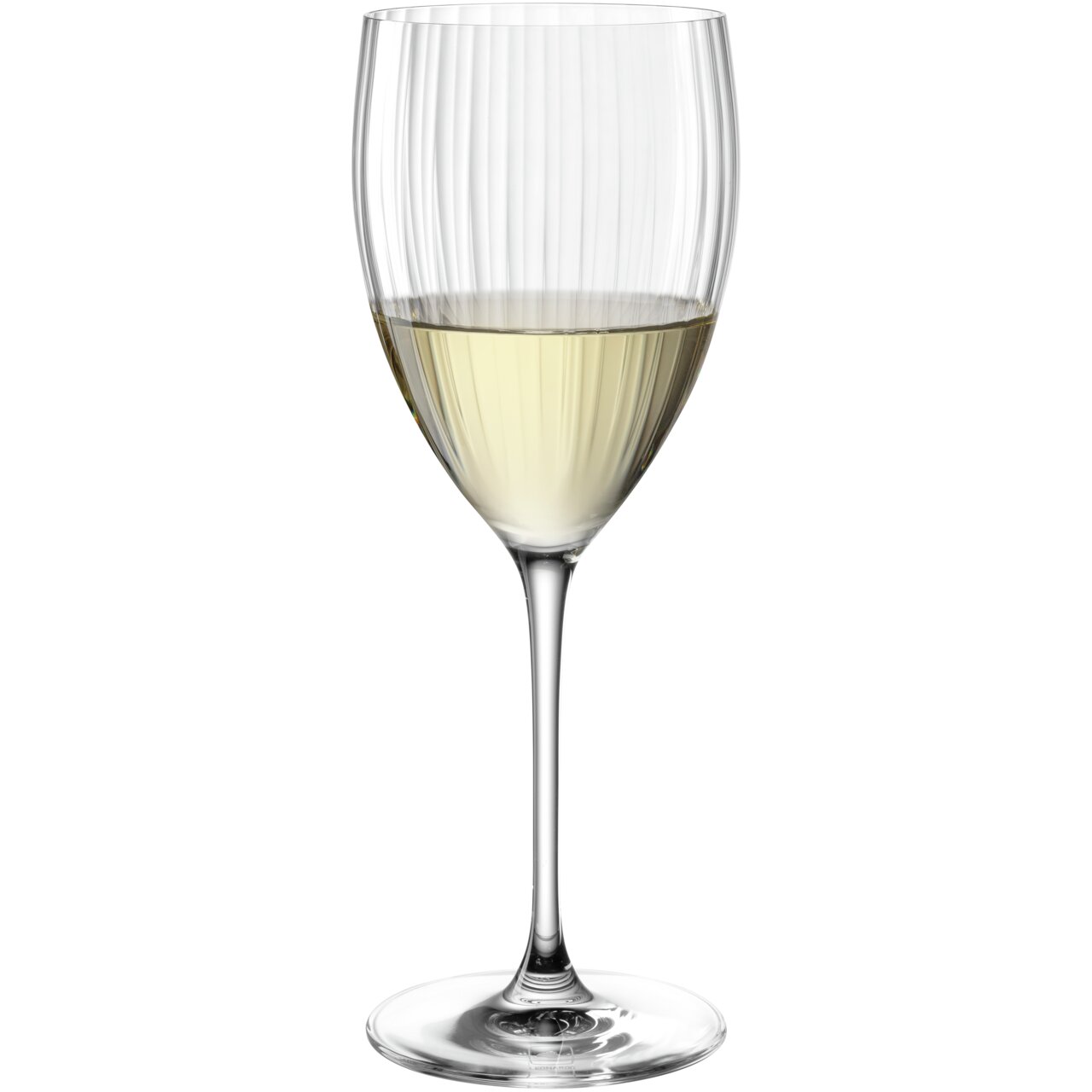 Wittewijnglas POESIA 450 ml, vooraanzicht, met geribbeld ontwerp en gevuld met witte wijn