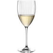 Weißweinglas POESIA 450ml, frontalansicht, mit geripptem Design und gefüllt mit Weißwein