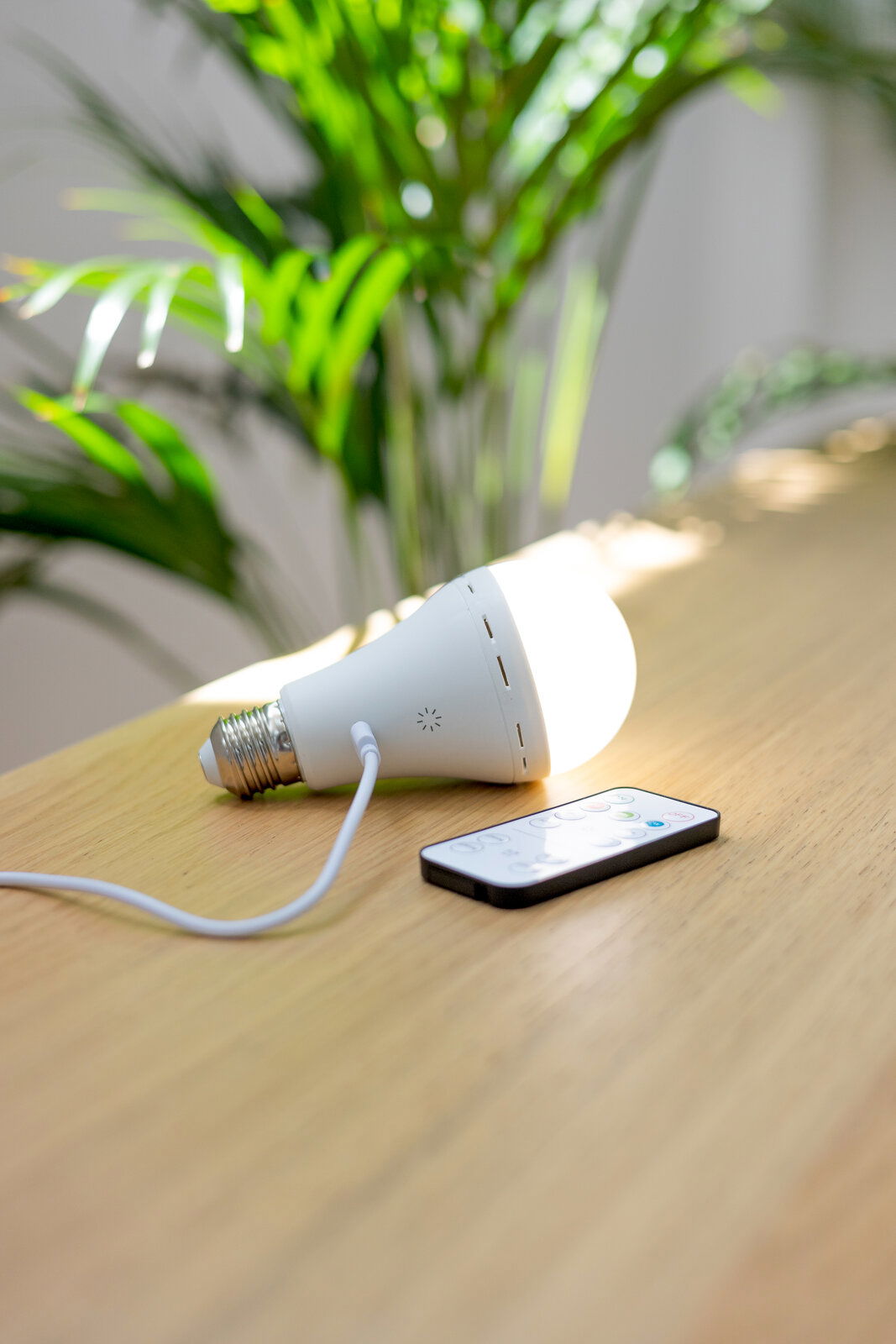 Akku-Leuchtmittel auf einem Tisch liegend, mit angeschlossenem Ladekabel und Fernbedienung, seitliche Perspektive