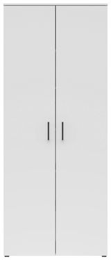 Frontansicht eines weißen Mehrzweckschranks mit zwei Türen und schwarzen Griffen.