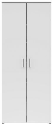 Frontansicht eines weißen Mehrzweckschranks mit zwei Türen und schwarzen Griffen.