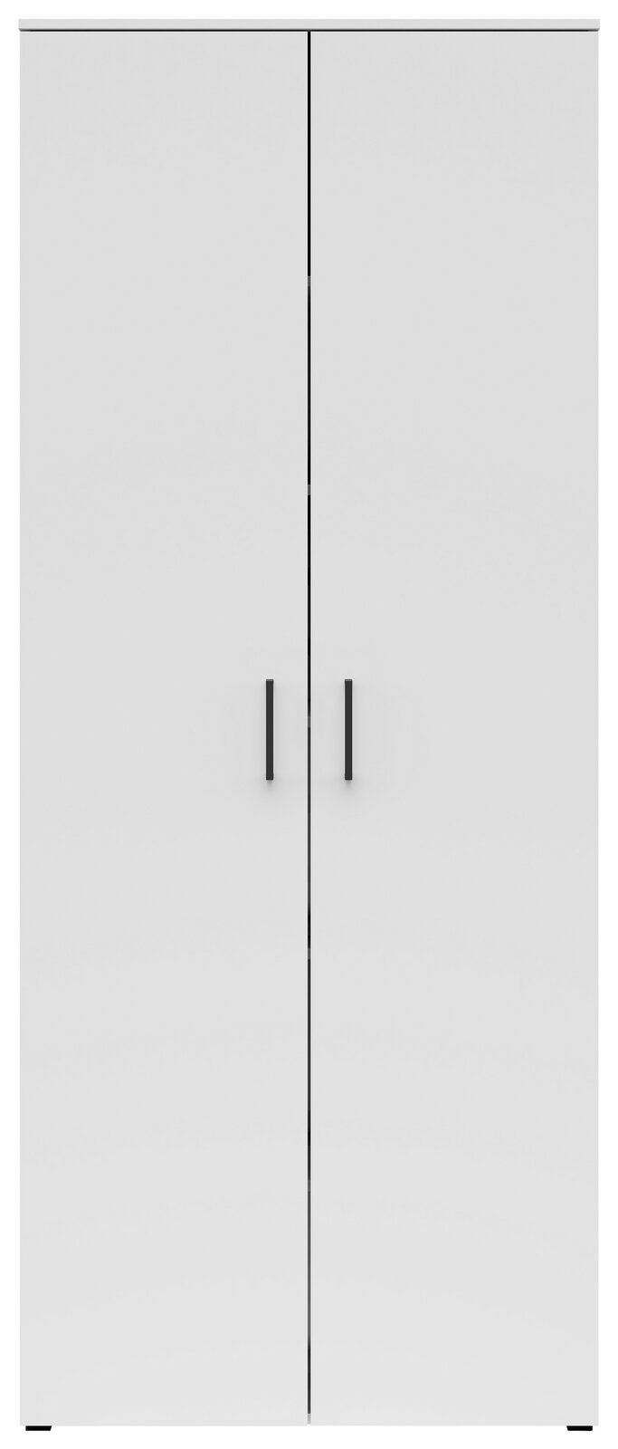 Frontansicht eines weißen Mehrzweckschranks mit zwei Türen und schwarzen Griffen.