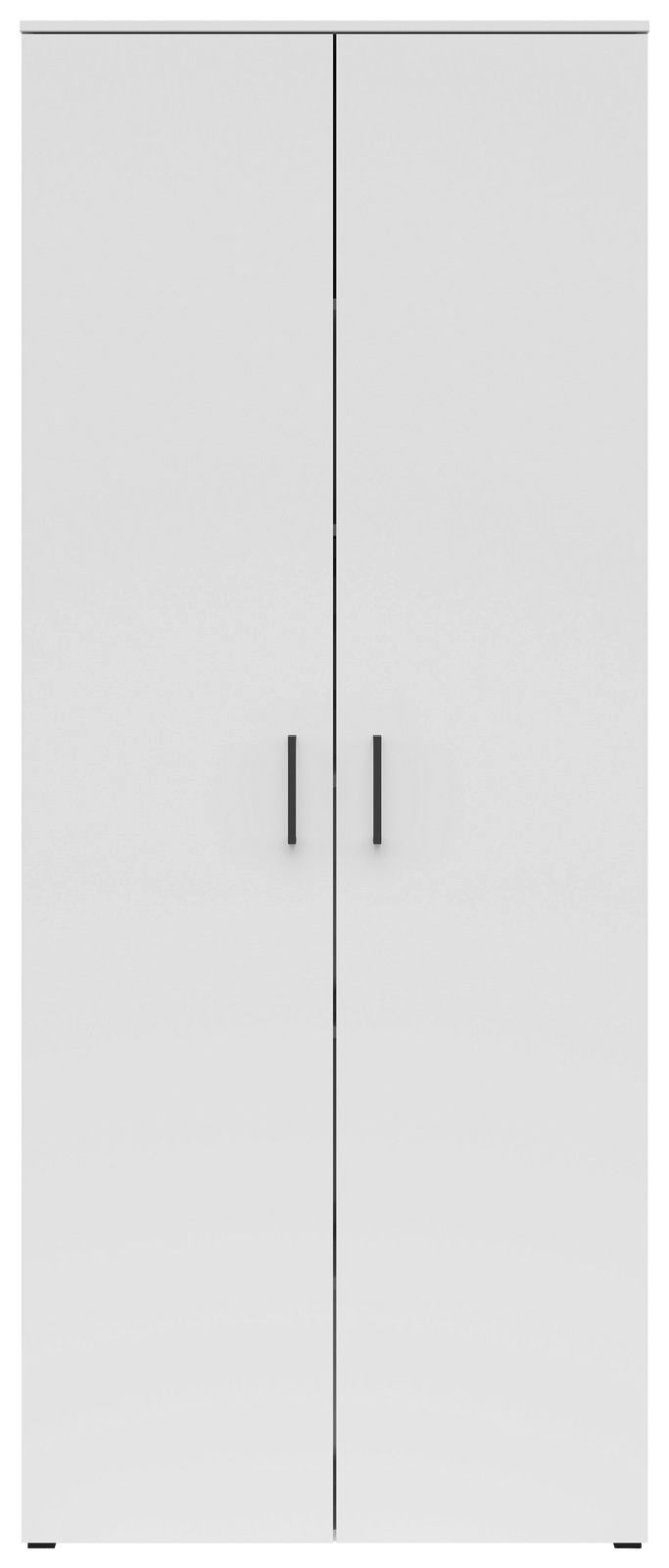 Frontansicht eines weißen Mehrzweckschranks mit zwei Türen und schwarzen Griffen.