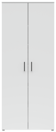 Frontansicht eines weißen Mehrzweckschranks mit zwei Türen und schwarzen Griffen.