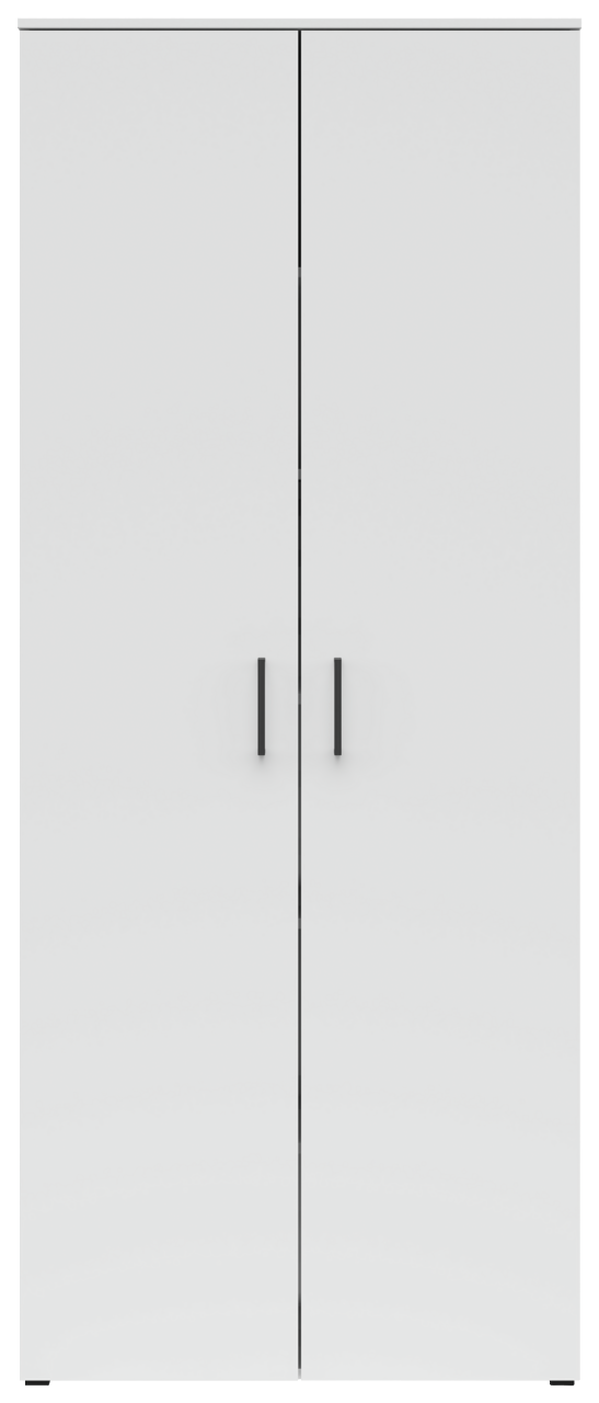 Frontansicht eines weißen Mehrzweckschranks mit zwei Türen und schwarzen Griffen.