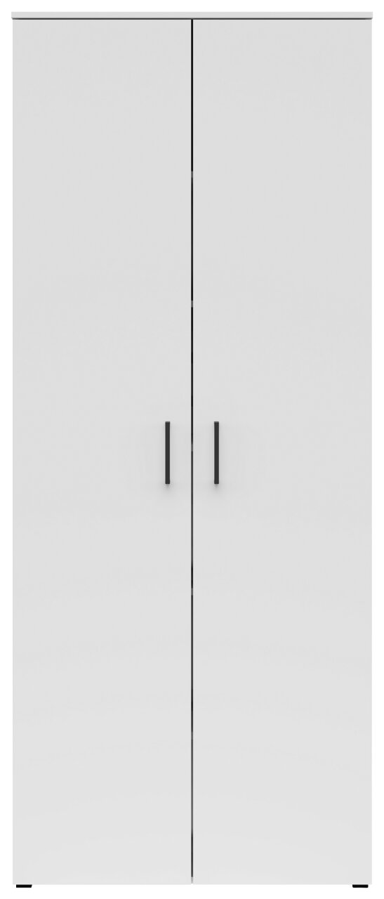 Frontansicht eines weißen Mehrzweckschranks mit zwei Türen und schwarzen Griffen.