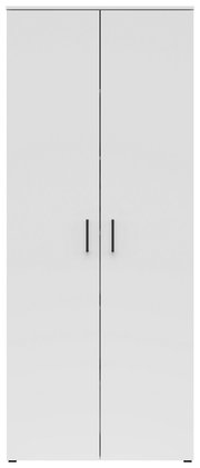 Frontansicht eines weißen Mehrzweckschranks mit zwei Türen und schwarzen Griffen.