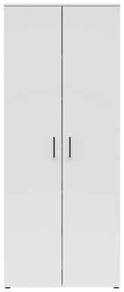 Frontansicht eines weißen Mehrzweckschranks mit zwei Türen und schwarzen Griffen.