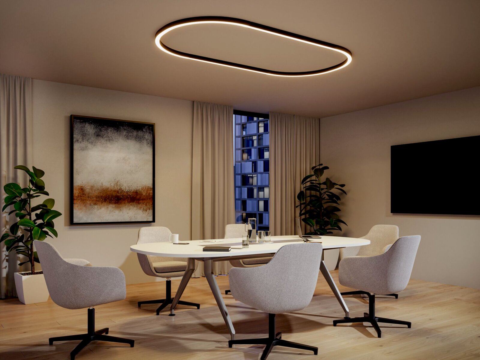 PAULMANN Lichtkanal Kurve 90 Grad LINION Moderne ovale LED-Deckenleuchte als leuchtender Ring in warmweiß über einem Konferenzraum mit Tisch und Stühlen, Perspektive: leicht von unten in den Raum blickend (Untersicht).