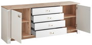 Sideboard mit vier offenen Schubladen und zwei offenen Türen, aus Holz mit weißer Front, Perspektive von vorne