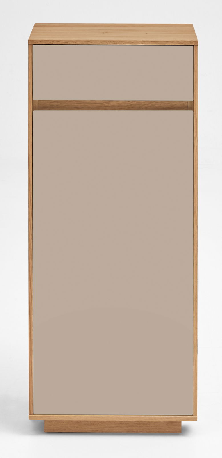 Moderne Kommode aus Holz mit zwei Schubladen, frontal fotografiert