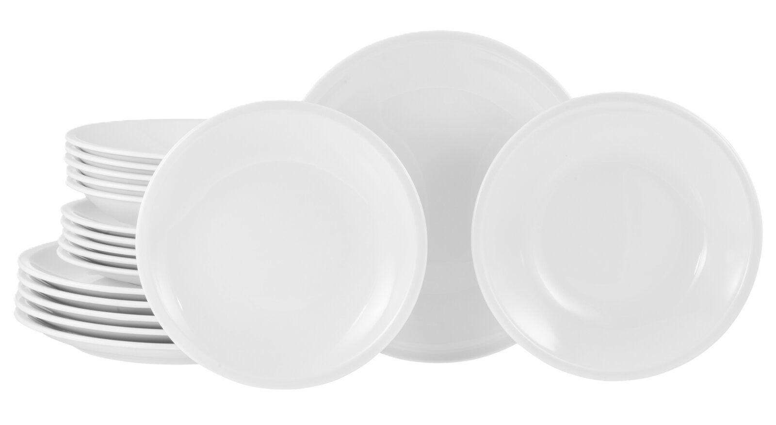 creaTable Tellerset 18-tlg MILANO Weißes Tafelservice mit mehreren stapelbaren Tellern und tiefen Schalen auf weißem Hintergrund, frontal in leichter Schrägansicht fotografiert.