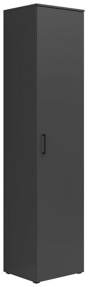 Schwarzer Mehrzweckschrank mit einer Tür und Griff, seitliche Perspektive