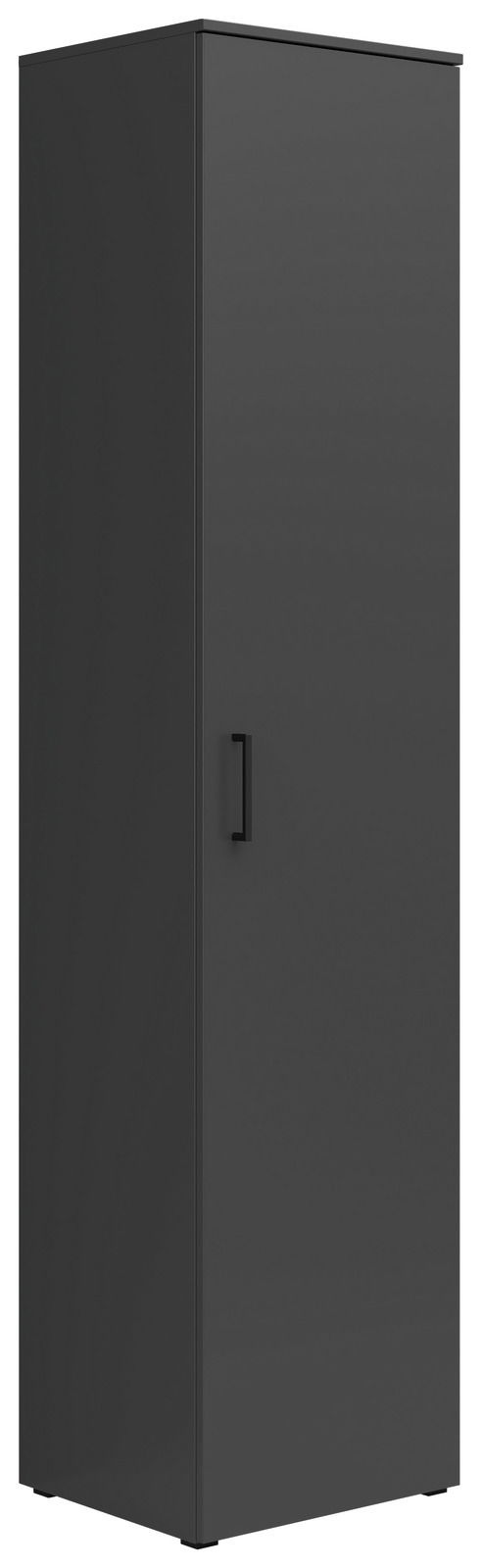 Schwarzer Mehrzweckschrank mit einer Tür und Griff, seitliche Perspektive
