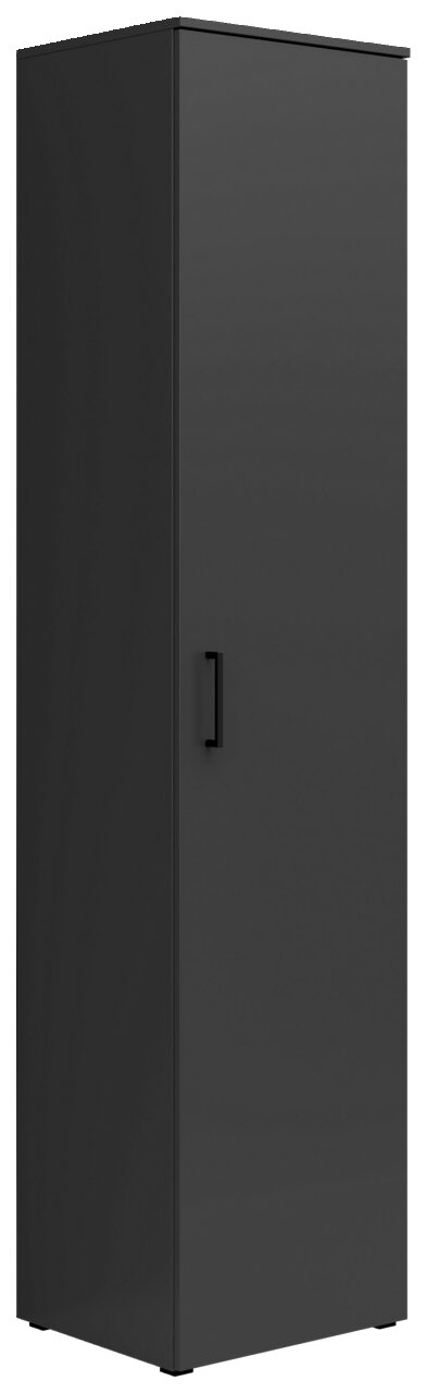 Schwarzer Mehrzweckschrank mit einer Tür und Griff, seitliche Perspektive