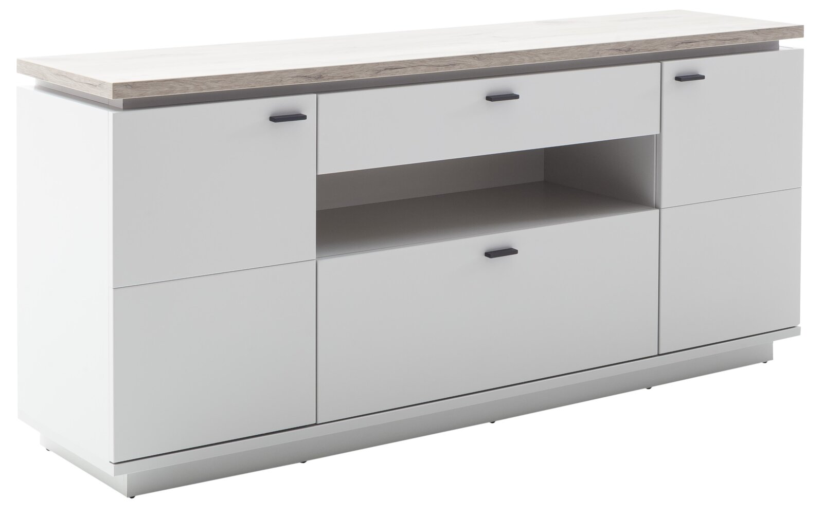 Modernes Sideboard in Weiß und Grau mit Holzoptik-Deckplatte, Schubladen, Türen und offenem Fach, frontale Ansicht in leichter Schrägperspektive von links